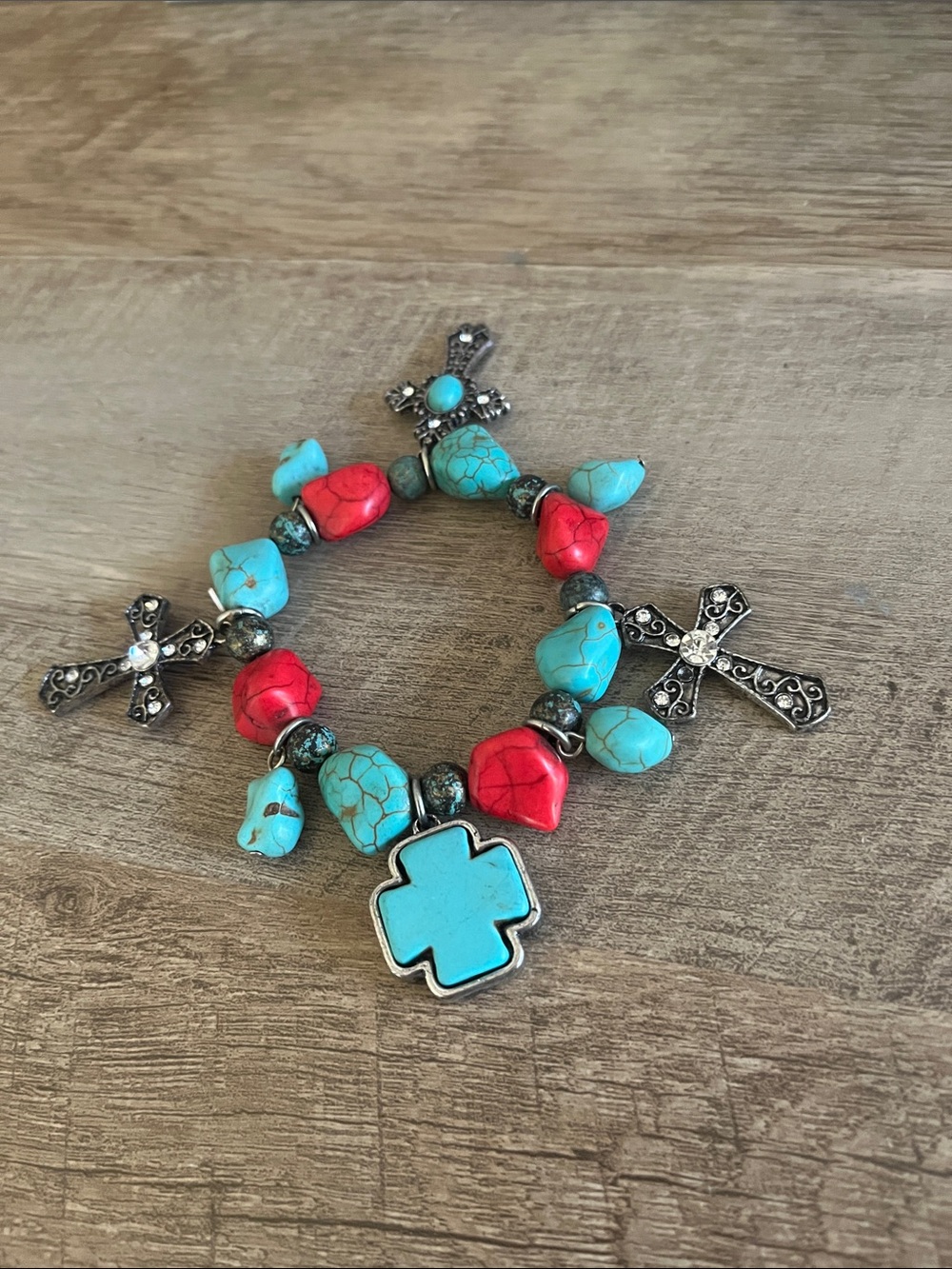 Vintage bracelet Turquoise Semi Precious Gemstone & Red Coral crosses Silver